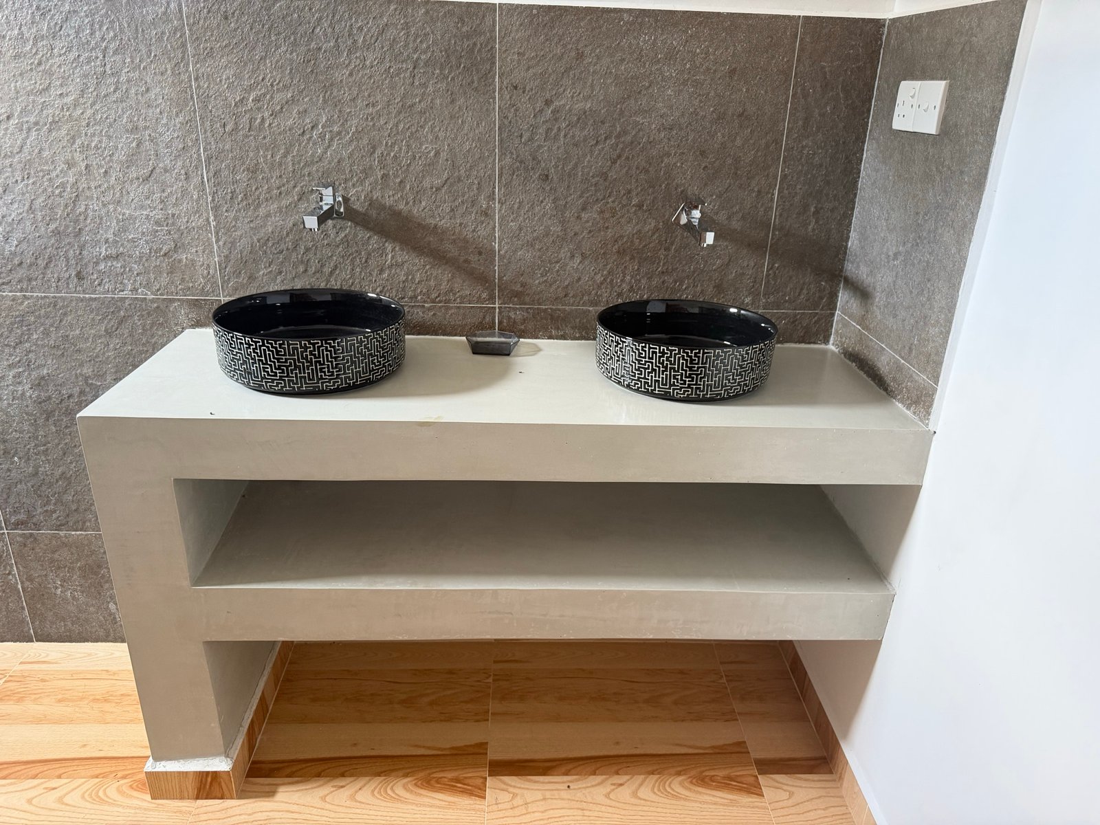 Shared upstairs bathroom — double basin.